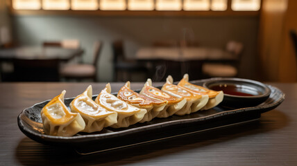 Steaming pan-fried gyoza dumplings with dipping sauce in a Japanese restaurant setting.
