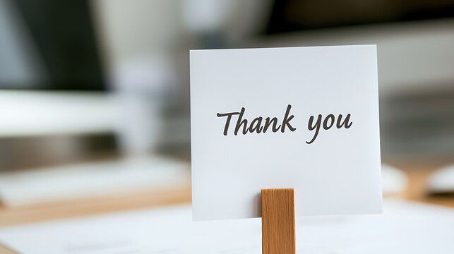 Gratitude Note: A simple card expressing thanks, displayed in a minimalist office setting. Acknowledging kindness and appreciation.