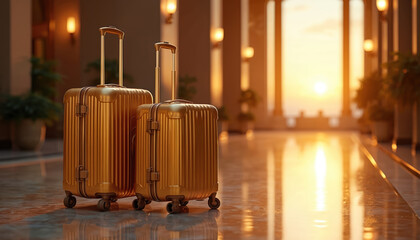 Golden suitcases in luxurious hotel lobby at sunset. Sunlight, warm light, creating elegant, sophisticated mood. Vacation, holiday, journey, exploration, get-away. Premium travel. Gold, metallic,