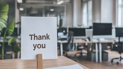 Office gratitude: "Thank you" message displayed. A symbol of appreciation, fostering a positive workplace atmosphere and recognizing contributions.
