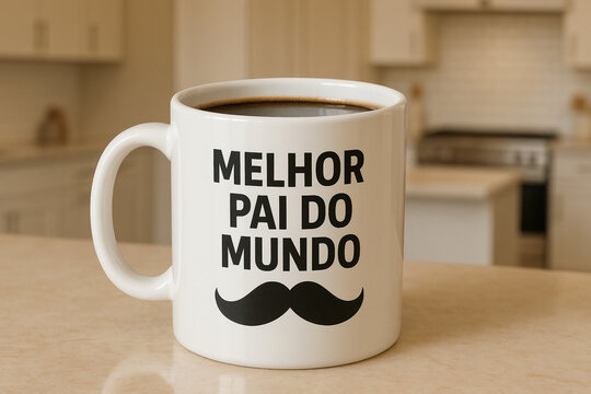 Caneca branca de cer&acirc;mica com design minimalista e frase impactante &ldquo;MELHOR PAI DO MUNDO&rdquo; em letras pretas destacadas, acompanhada de um bigode estilizado, imagem gerada por IA.
