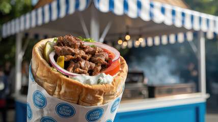 A delicious Greek gyro sandwich filled with meat, vegetables, and tzatziki at an outdoor food stand.
