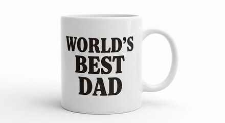 Caneca branca com frase " word's best dad" (melhor pai do mundo) em negrito. Imagem gerada por IA.