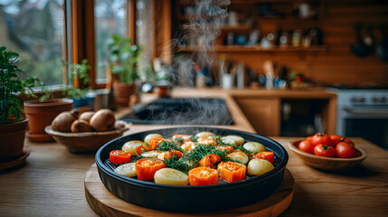 Raclette grill with melted cheese dripping over potatoes and vegetables, blurred cozy chalet kitchen