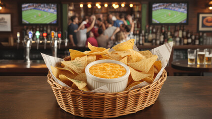 Nachos with cheese dip in a basket on a bar counter with sports and cheering fans in background.
