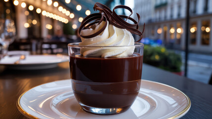 Indulgent chocolate mousse with whipped cream and chocolate curls at an elegant outdoor cafe.

