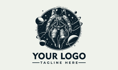 Astronaut floating in space, surrounded by planets, a logo design.