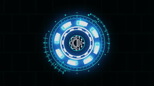 Futuristic neon tech interface cyber technology circle dashboard setting, virtual machine learning icon AI digital processing artificial intelligence system icon, setting animation idea