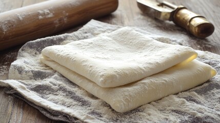 Fresh dough preparation for baking homemade bread or pastry with rolling pin on table top