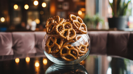 Mini pretzels piled high in a glass bowl