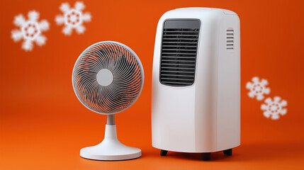 Portable air conditioner and table fan on orange background with snowflakes
