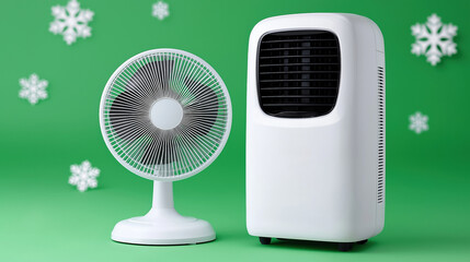 Portable air cooler and electric fan on decorative green winter background