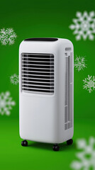 Portable air conditioner on green background with snowflakes