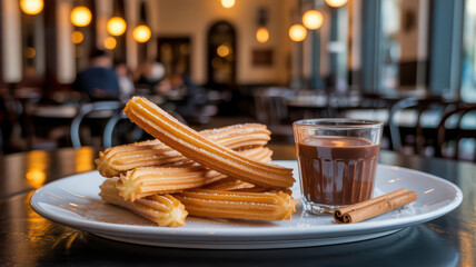 Freshly made churros with hot chocolate dip and cinnamon stick at a cozy cafe.
