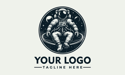Vintage style logo featuring a seated astronaut in space, surrounded by planets and stars. © nuaari