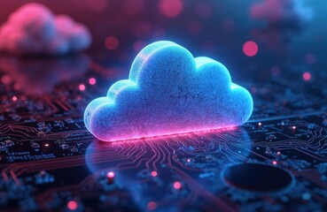 Neon glowing cloud symbol on digital circuit board, pink blue colors on dark background. Concept cloud computing, cyberspace, network, data storage, cyber tech, online connectivity. Futuristic