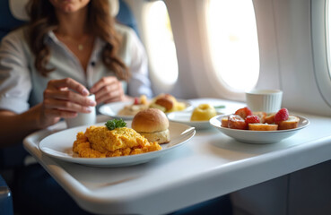 Naklejka premium Person enjoys meal served on flight. Variety of dishes on tray. Food in business class. Gourmet dining during air travel. Delicious breakfast served on board aircraft with fresh fruit.