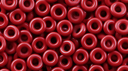 A vibrant collection of ring-shaped red treats creates a delightful and visually striking arrangement, perfect for confectionery enthusiasts.