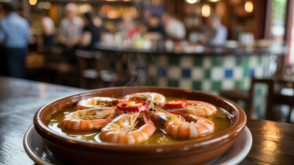 Sizzling garlic shrimp (gambas al ajillo) in a traditional clay pot at a lively Spanish bar.
