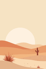 Cactus, Desert, Sand, Dune, Hill, Mountain, Wilderness, Moon, Sun, Sky, Vector, Artwork