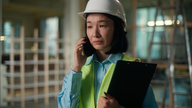 Asian woman builder architect Chinese engineer master technician electrician girl Korean Japanese female inspector industrial worker in hard hat displeased talking mobile phone indoors building work