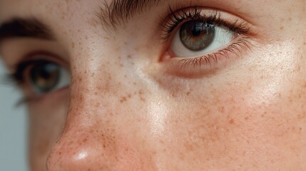 Fototapeta premium Close up of woman's face with freckles and hazel eyes for beauty and skincare concepts