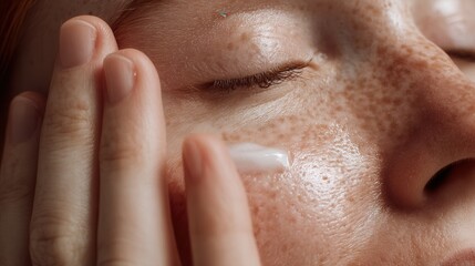 Fototapeta premium Woman applying face cream for skincare routine and beauty treatment for healthy skin