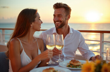 Obraz premium Couple enjoys romantic dinner cruise, sunset views. Toasting wine glasses, smiling at each other. Luxury travel, vacation concept. Paradise, relationship, love, romance, leisure.