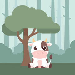 vector illustration of a cartoonic cow with tree