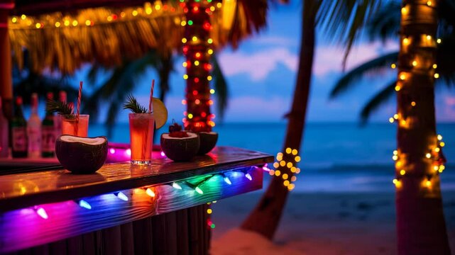 Tropical drinks and colorful lights adorn Beach bar at Sunset, with a Tiki hut roof, coconuts, palm trees, and the Ocean in the background, creating a relaxing Paradise Vacation vibe