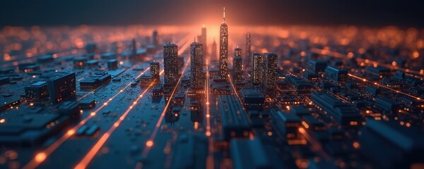 Futuristic cityscape stock market data display, modern tech concept. Glowing lines, digital representation of financial data. Skyscraper buildings, virtual trading platform, investment, business,