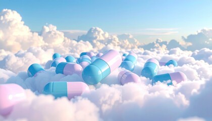 Pastel Colored Capsules Floating in a Cloud Filled Sky Representing Dreamlike Concepts