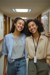 Fototapeta premium Two young african female friends smiling in a hallway