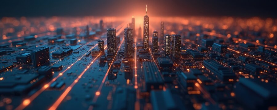 Futuristic cityscape stock market data display, modern tech concept. Glowing lines, digital representation of financial data. Skyscraper buildings, virtual trading platform, investment, business,