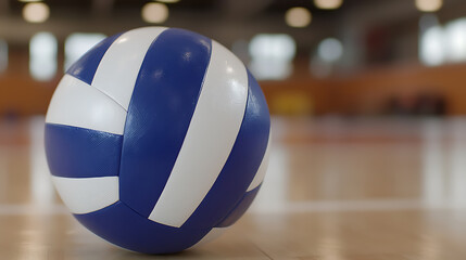 A blue and white ball sits on a gymnasium floor, ready for a game of sport, competition, or recreation with teammates and the fun of athletic activity.