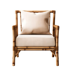 Comfortable natural bamboo armchair with light beige cushions isolated on transparent background