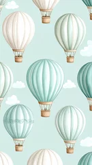 Printed roller blinds Repeating Pattern of Whimsical Teal and White Hot Air Balloons with Clouds in a Soft Blue Sky