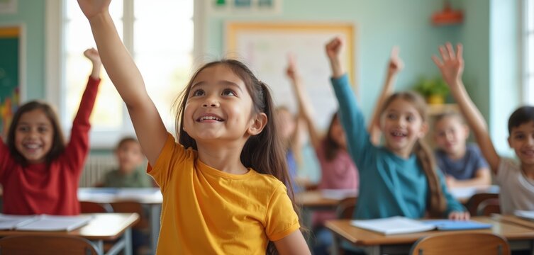 Happy girl raises hand in classroom. Students group with raised hands at school for learning or education. Young learners answering quiz questions in engagement. Children and education concept.