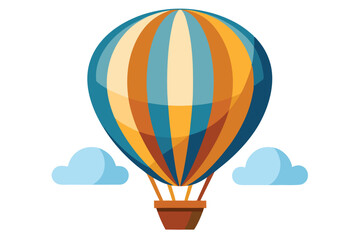 Obraz premium Whimsical Hot Air Balloon Voyage Cartoon Image Colorful Striped Balloon Basket Clouds Against a Bright White Sky Background