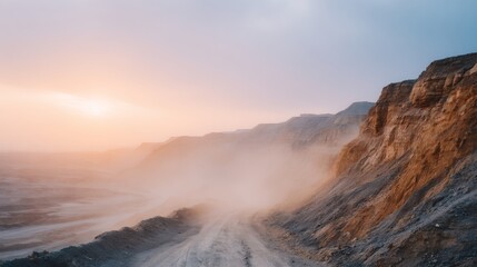 Fototapeta premium Rocky hillside with a dusty road leading up to it