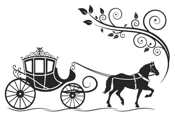 Elegant Silhouette of a Horse Drawn Carriage with Intricate Details and a Flourishing Branch Design for Invitations