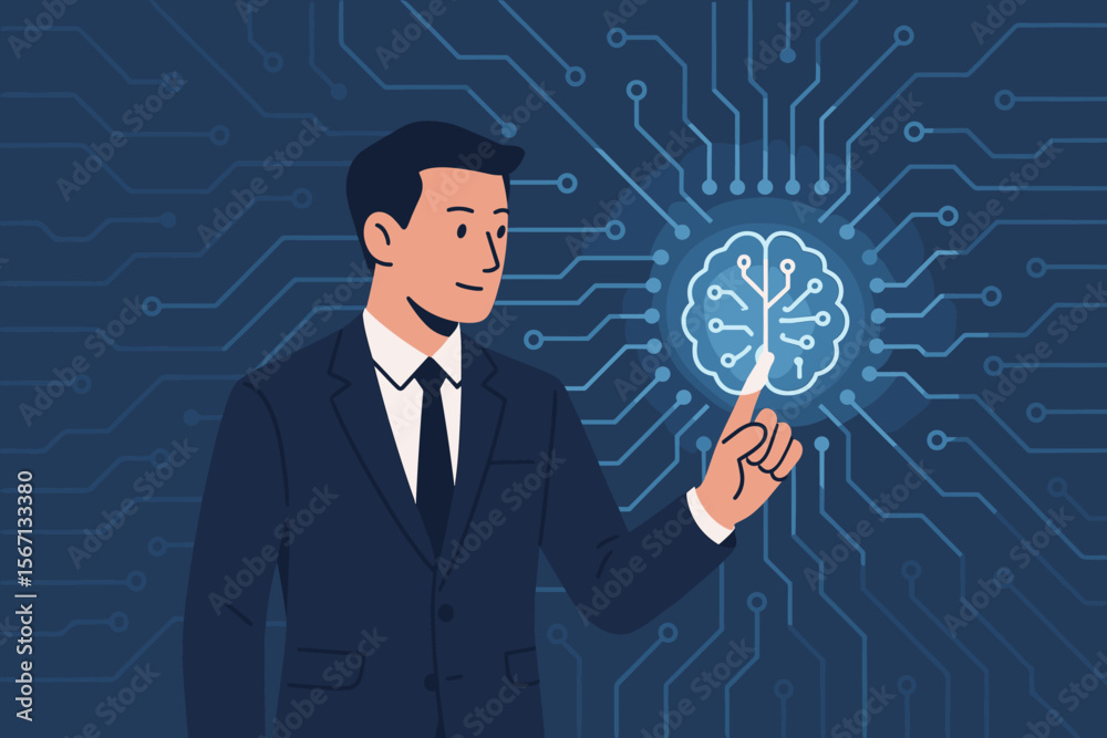 Poster businessman touching digital brain on circuit board. artificial intelligence ai technology concept f