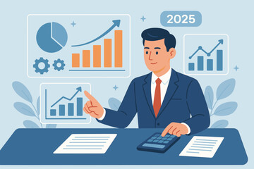 Businessman analyzing 2025 financial data on futuristic augmented reality dashboard. Financial analyst planning company strategy for future profit, growth, and investment success.