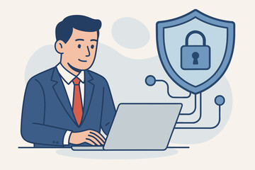 Cybersecurity business concept. A professional businessman works on a laptop with a secure network connection. A shield and padlock icon symbolize data protection, privacy, and a firewall.