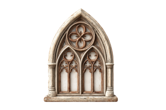 PNG Gothic arched window with intricate stone detailing and floral design