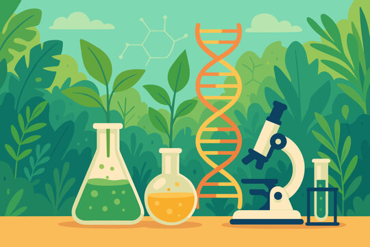 Biology laboratory nature and science concept. Plants with biochemistry structure and DNA helix on a jungle background. Biotechnology, genetics, and ecology research vector illustration.