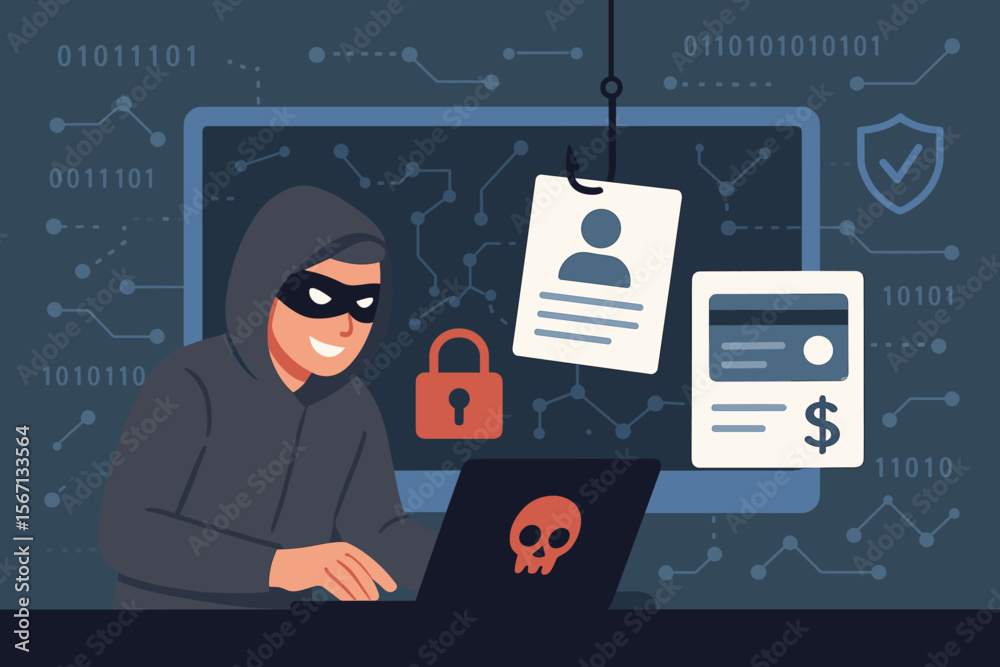 Poster phishing attack and cybercrime vector concept. hacker in hoodie stealing personal data and credit ca