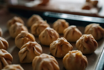 The process of making homemade cakes. A close-up shot of a lot of pies with different fillings on the kitchen table in a home kitchen.