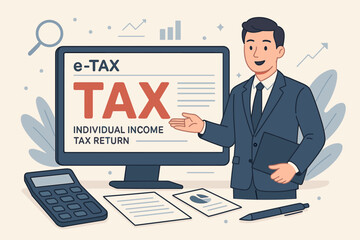 E-tax concept with a businessman filing an individual income tax return form online. A financial advisor helps with tax payment and preparation. Government state taxes and data analysis.