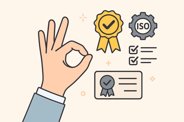 Quality Assurance Certification Concept. Hand Showing OK Sign for Top Service. ISO Standard, Product Guarantee, Compliance, Award Ribbon, Certificate, Checklist, Business Excellence, Standardization